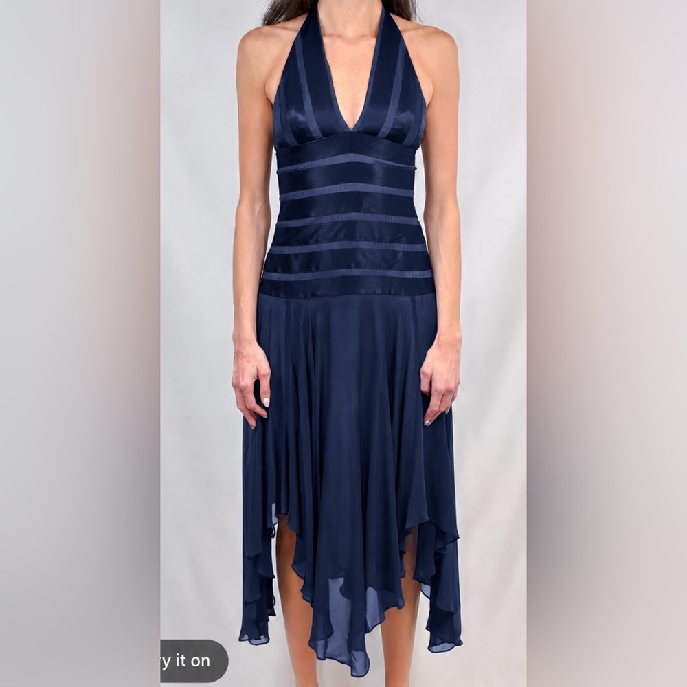BCBG MAX AZRIA 100% Silk 2000 90s Y2k Halter Mermaid Midi Dress Blue 2